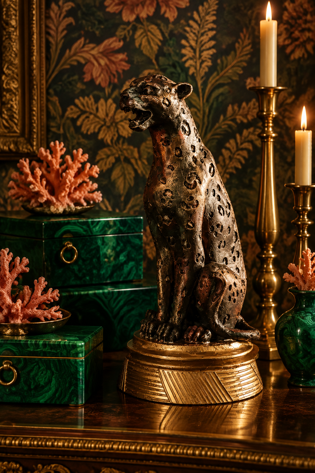 Roaring Dotted Bronze Panther Sculpture