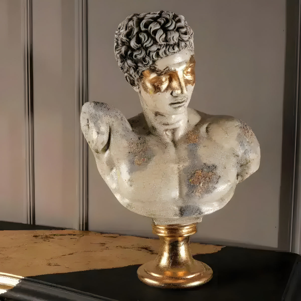 Hermes bust sculpture with distressed cream finish, gold-leaf eyes, on gold pedestal