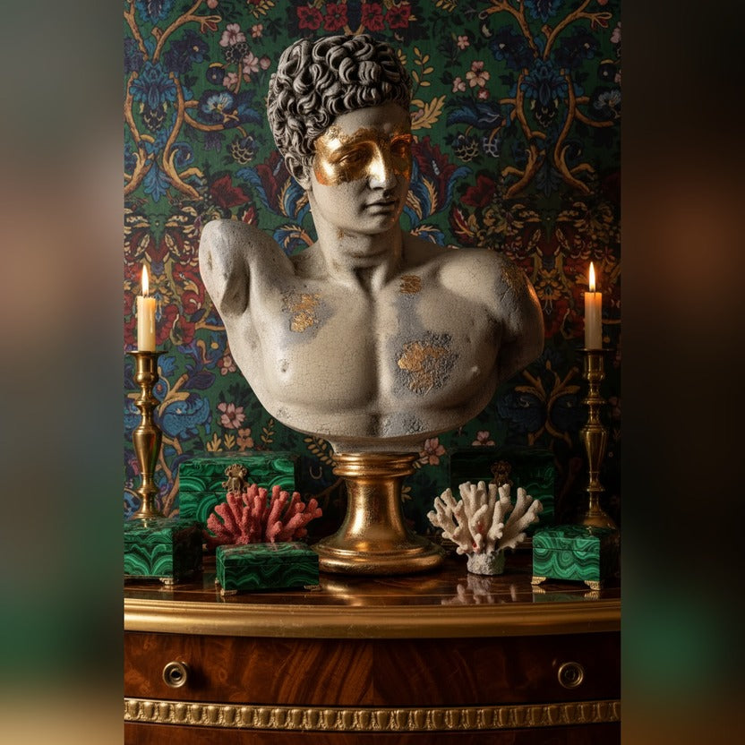 Gray Stone Hermes Sculpture styled in a room setting
