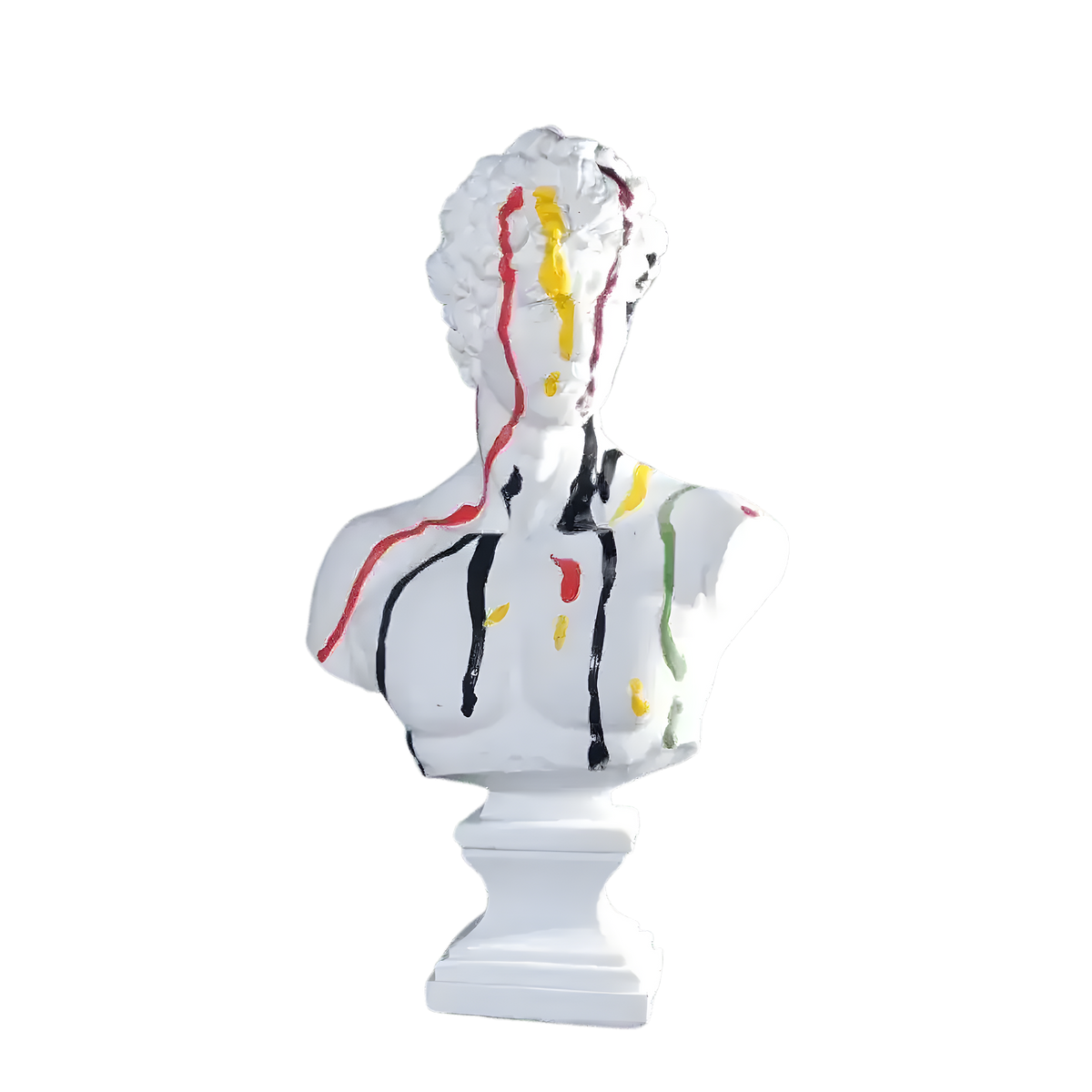 White David bust with red, yellow and black paint drips on white plinth