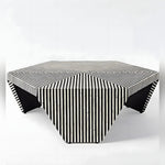 Hexagonal bone inlay coffee table with black and white optical stripe top