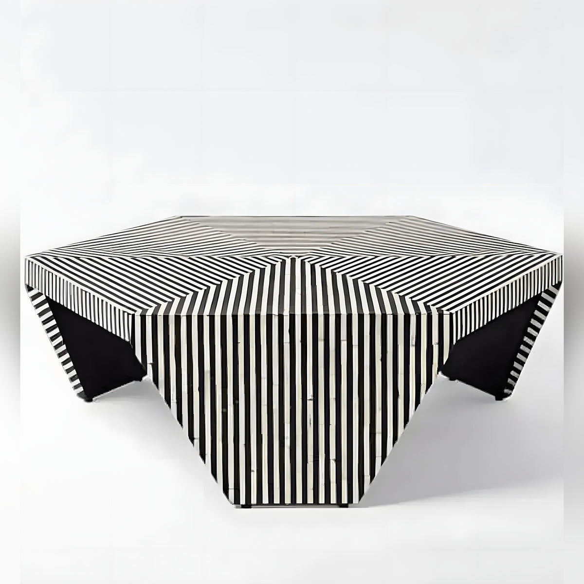 Hexagonal bone inlay coffee table with black and white optical stripe top