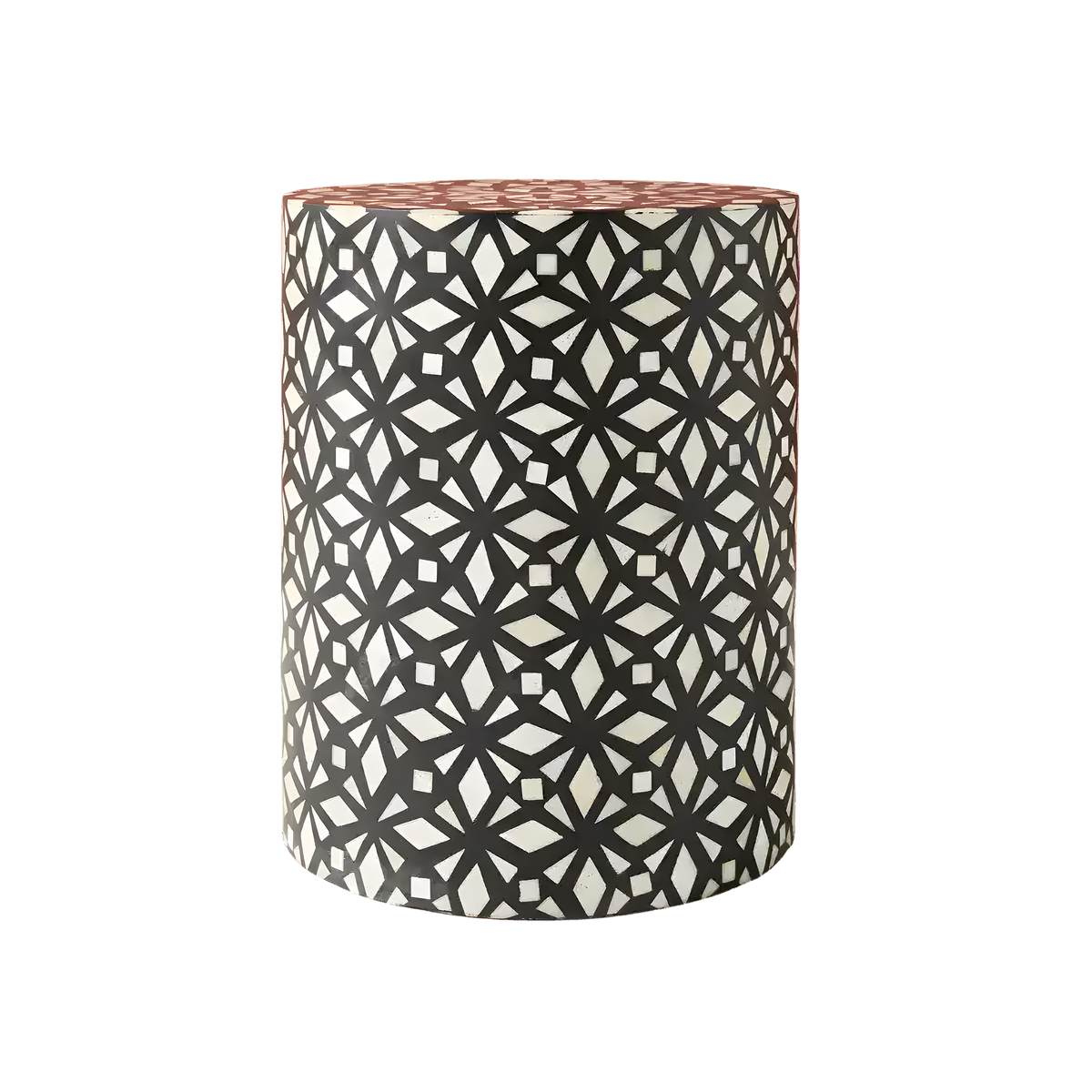 Cylindrical drum side table with black and white geometric star bone inlay