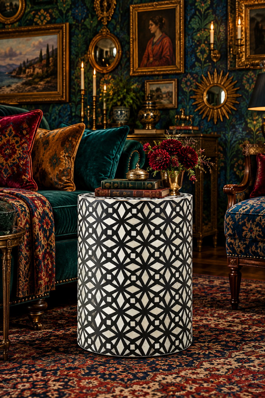 Black Geometric Bone Inlay Drum Side Table