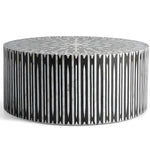 Round drum coffee table with black and white mother-of-pearl sunburst inlay