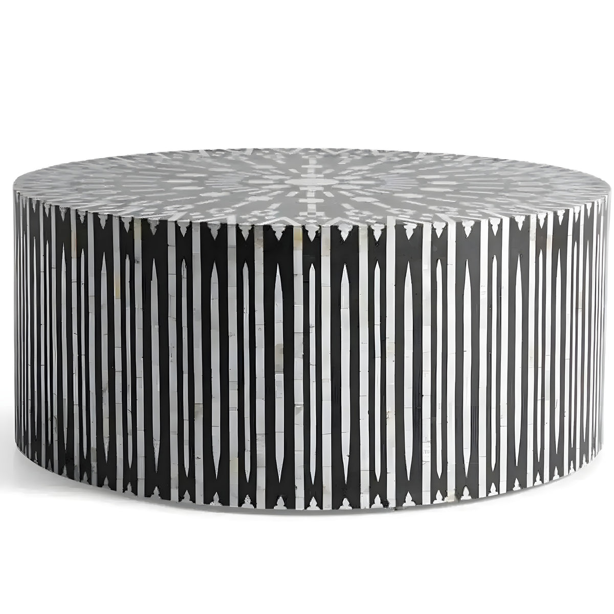 Round drum coffee table with black and white mother-of-pearl sunburst inlay