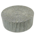 Round drum coffee table with black and white striped mother-of-pearl sunburst top