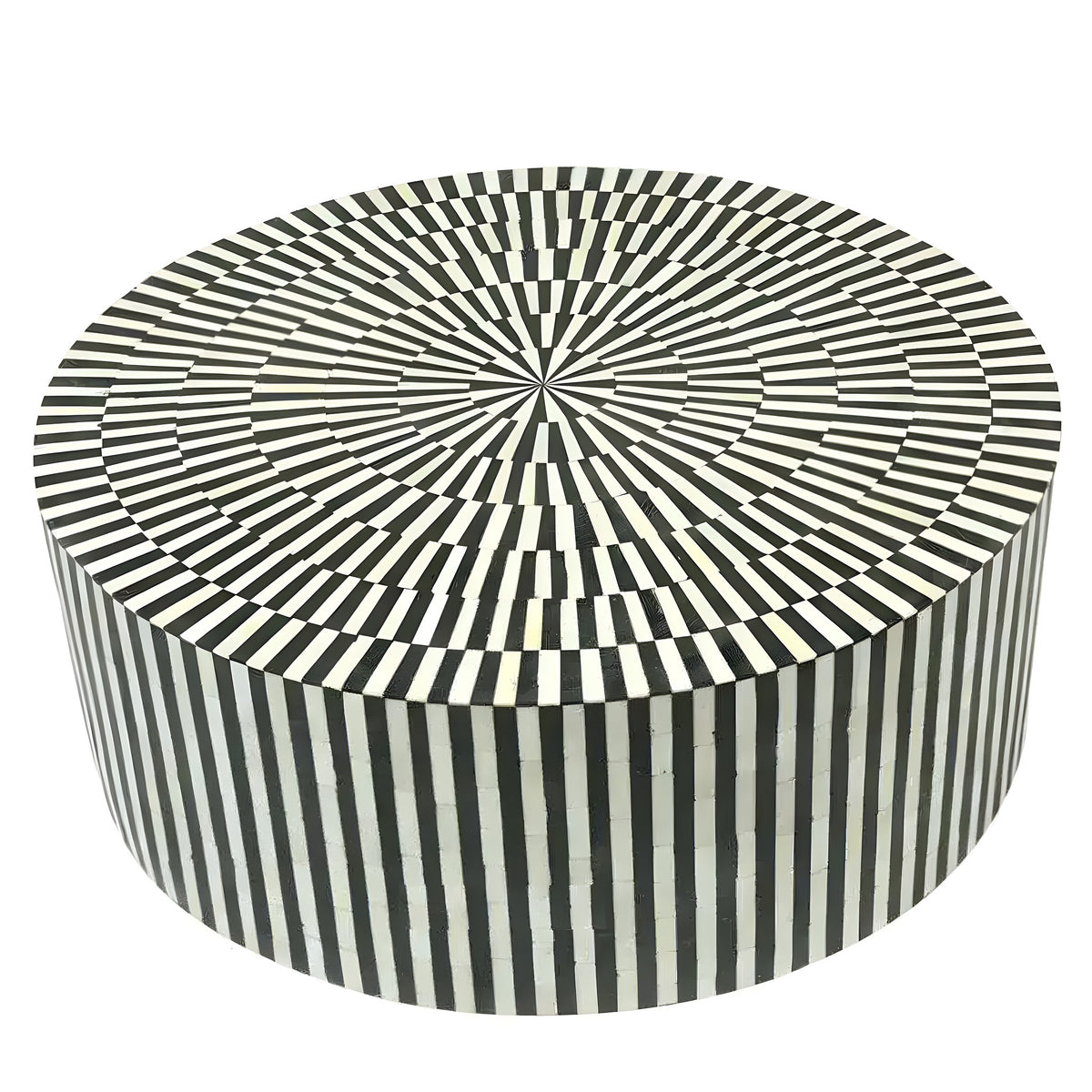 Round drum coffee table with black and white striped mother-of-pearl sunburst top