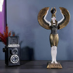 Standing winged Isis goddess statue, arms raised holding gold horned sun disk