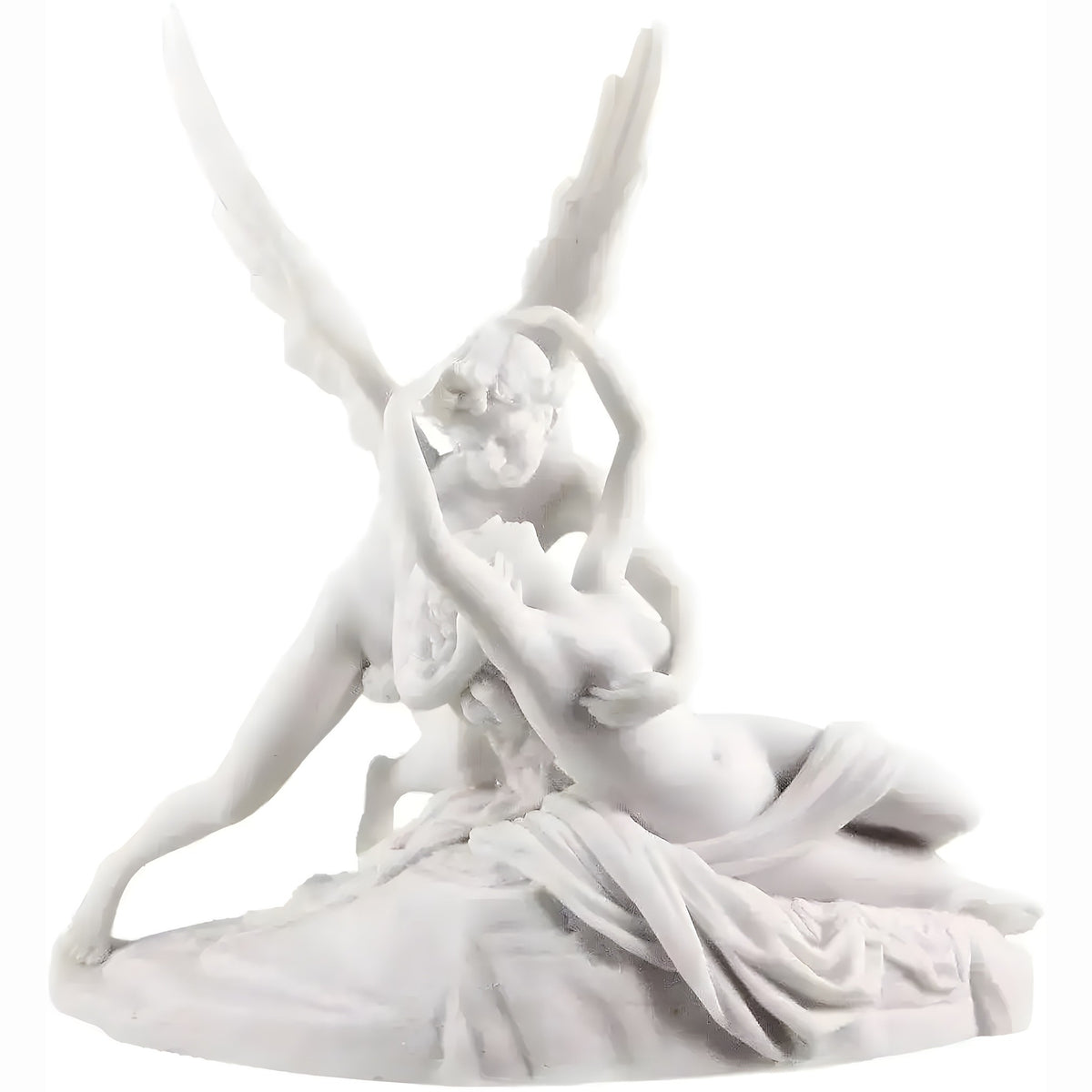White marble-finish Eros and Psyche statue, winged Cupid embracing reclining Psyche on a draped base