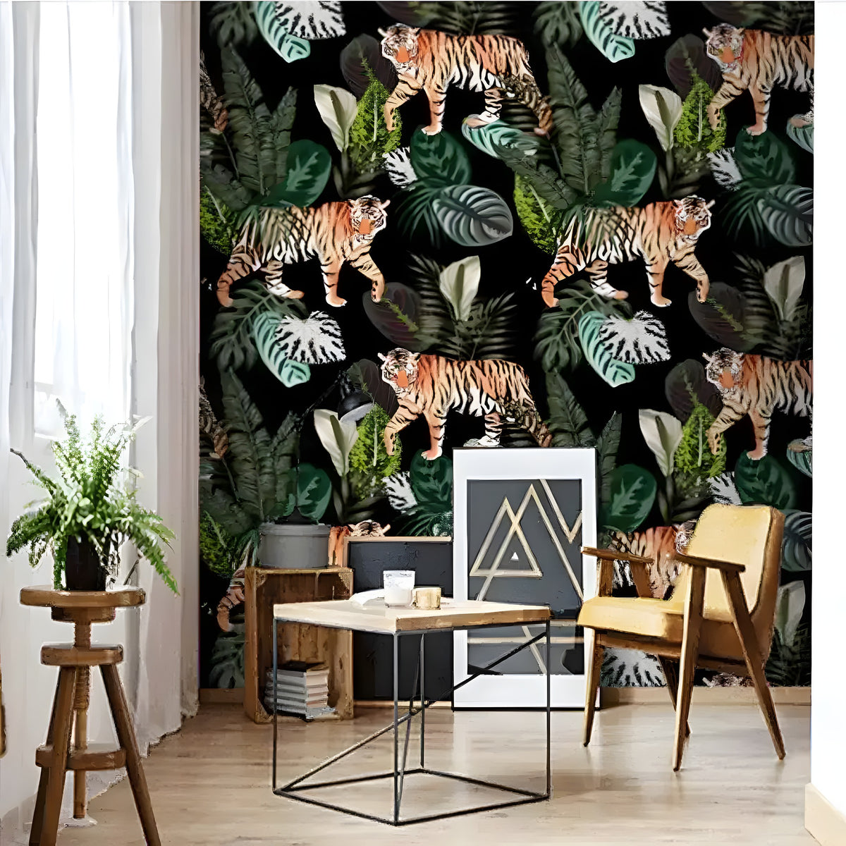 Wild tigers tropical jungle wallpaper on black, styled in a living room with yellow chair and coffee table