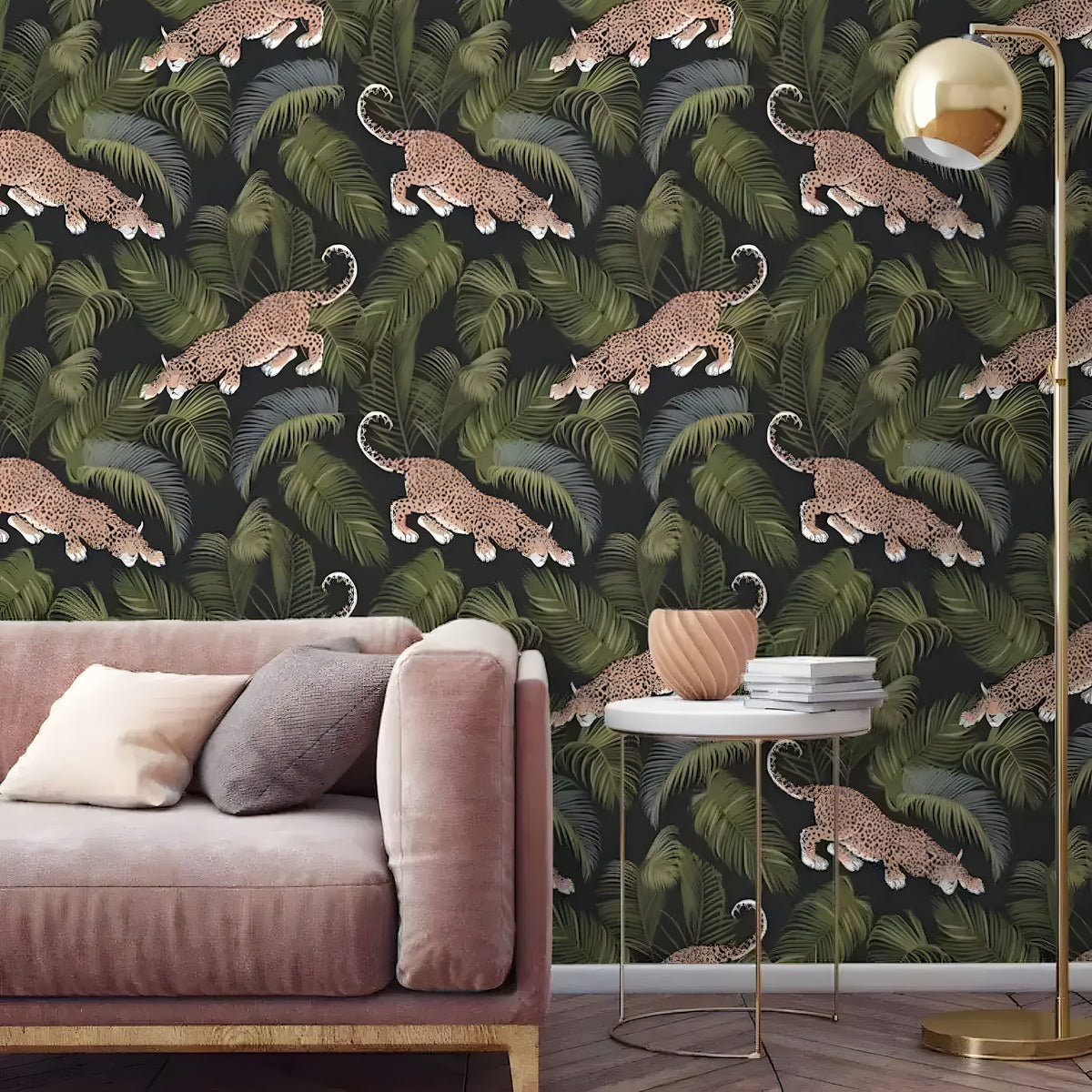 Dark jungle wallpaper with prowling jaguars among green palm leaves behind a pink sofa