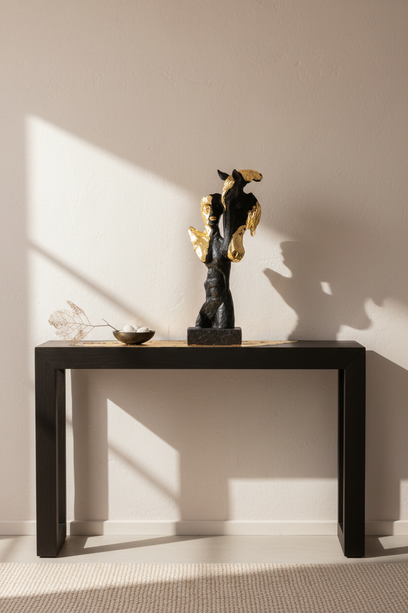 A black console table against a warm beige wall, styled with a dark and gold abstract sculpture, a small bowl, and a dried branch under dramatic diagonal sunlight casting shadows.
