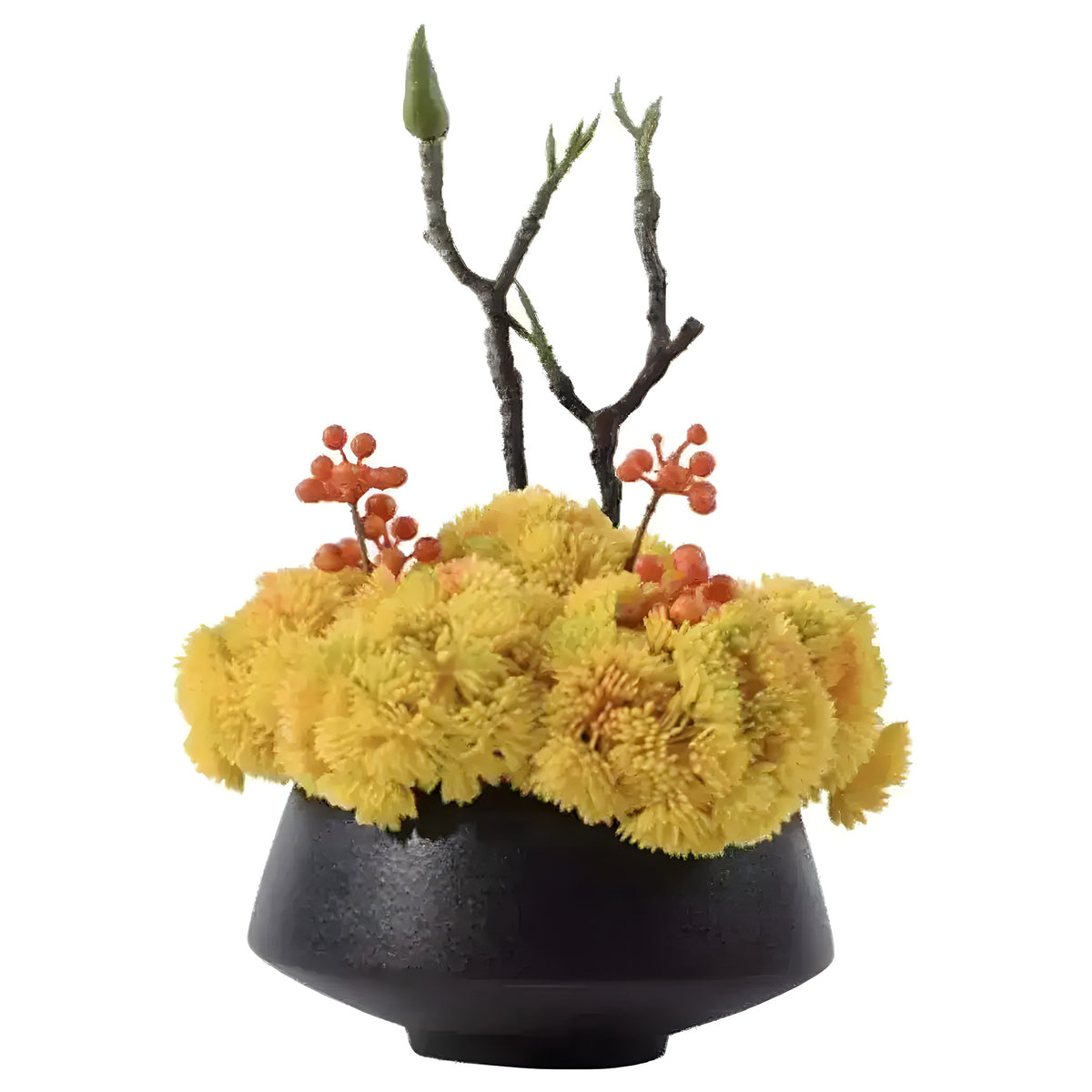 Yellow sea moss flowers with orange berries and twigs in a black ceramic pot