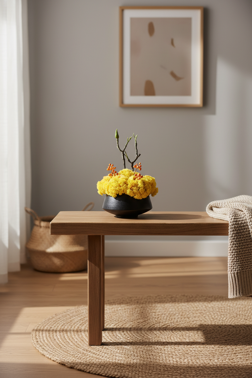 A modern wooden table in a minimalist living room setting, styled with a black ceramic planter holding bright yellow flowers and small orange blossoms.