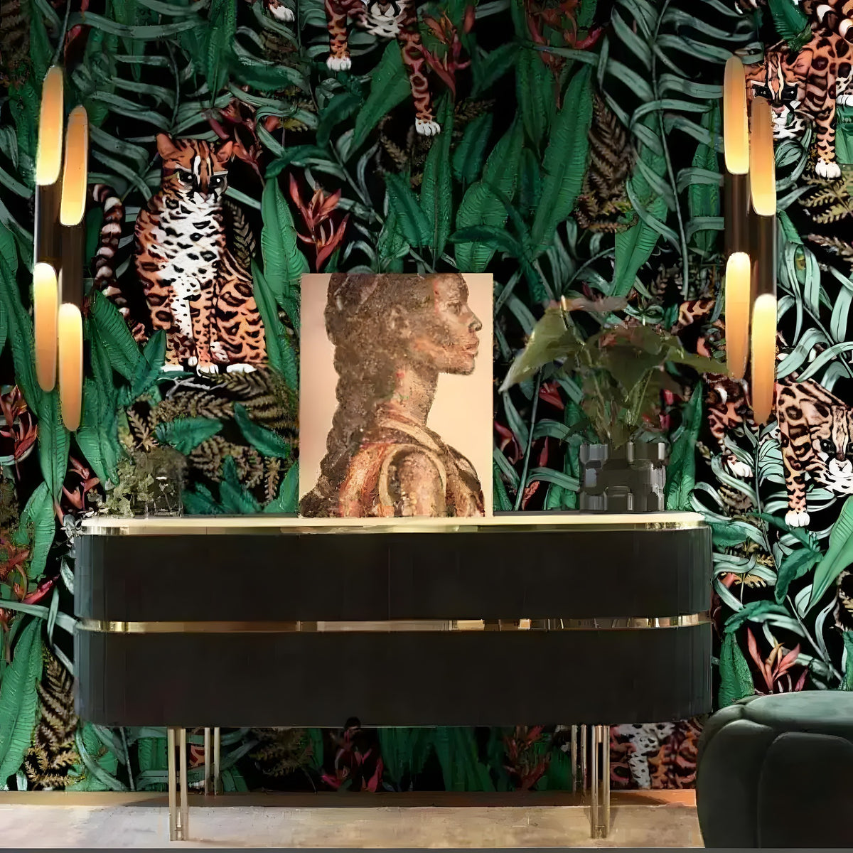Dark tropical jungle wallpaper with spotted wild cats among green leaves and flowers