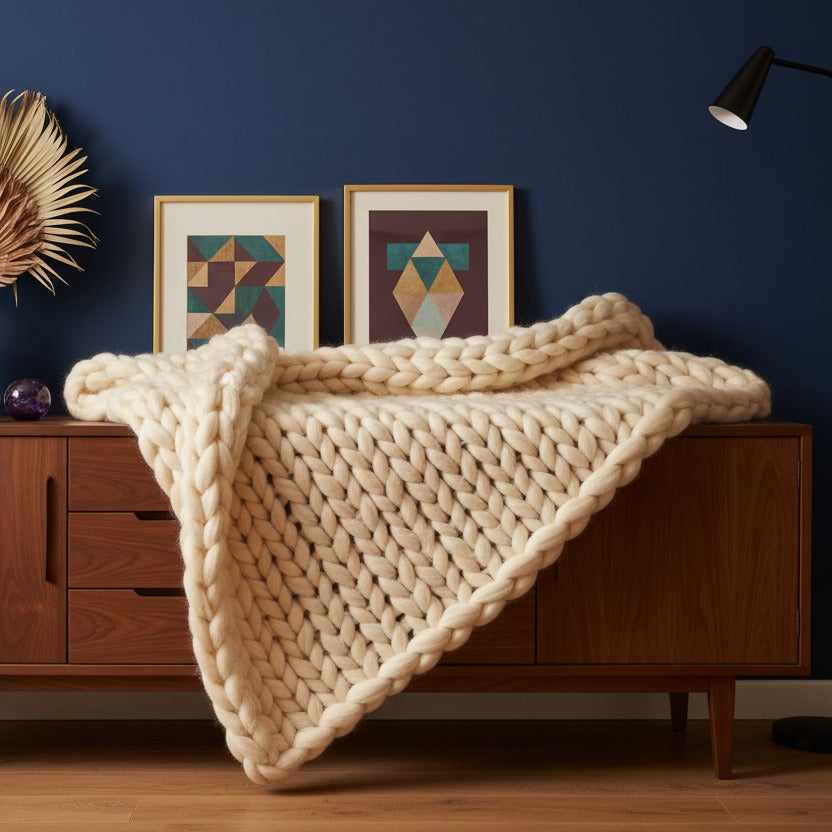 Hand Knitted Merino Wool Chunky Throw Blanket styled in a room setting