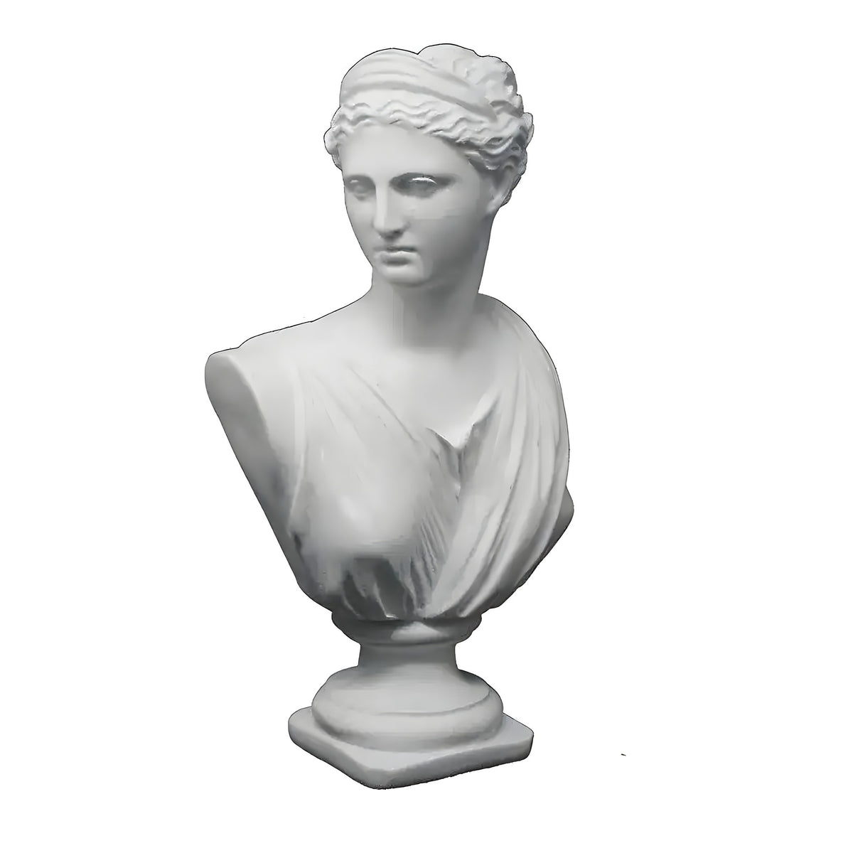 White Diana the Huntress bust with draped toga and hair bun on a round pedestal
