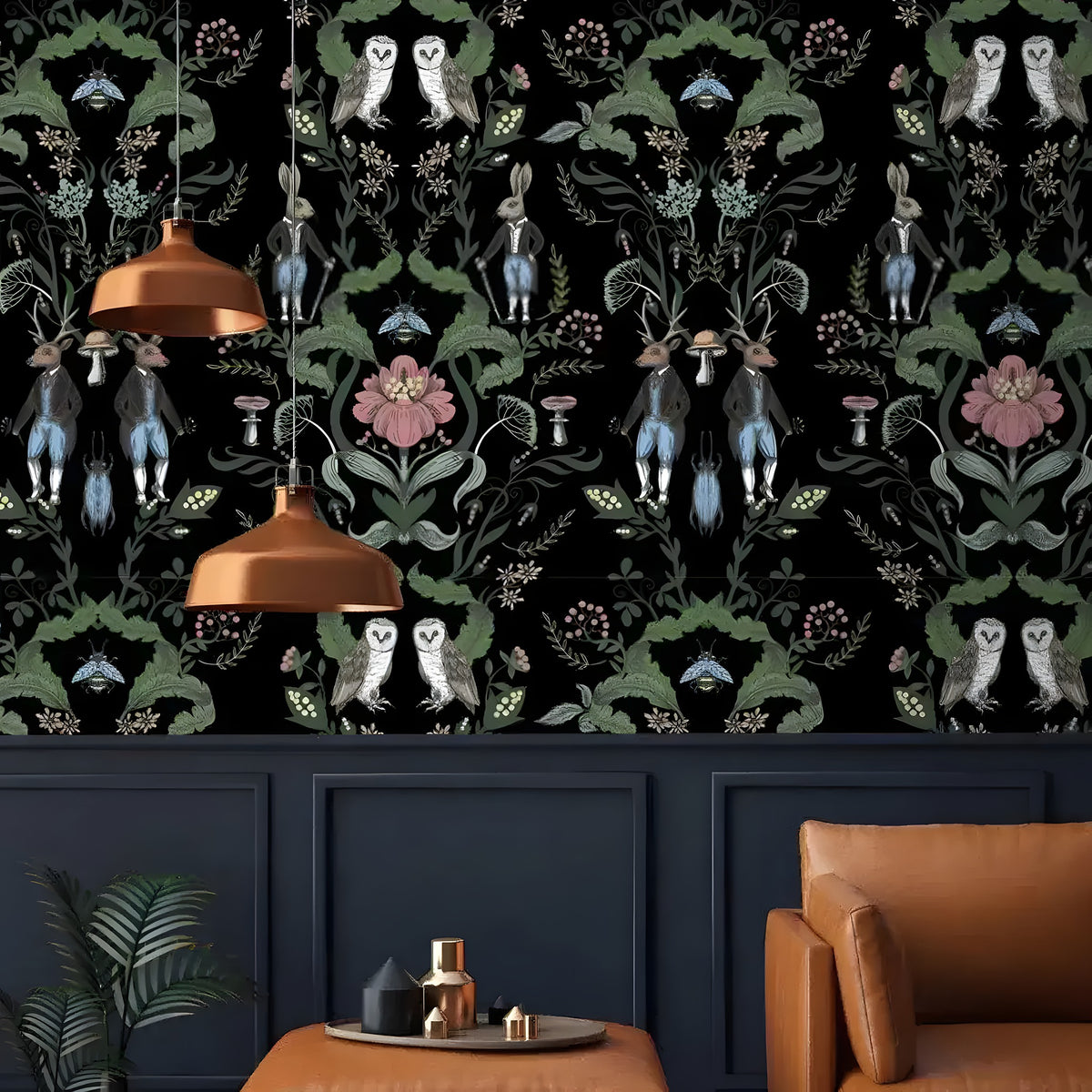 Black botanical wallpaper with dressed rabbits, deer, white owls and pink florals