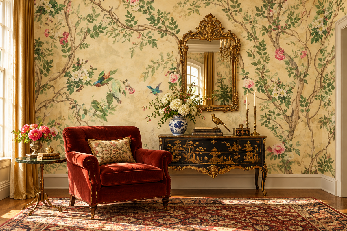 Birds and Tree Traditional Chinoiserie Wallpaper Mural