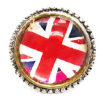 Round metal cabinet knob with a domed Union Jack flag center and beaded silver rim