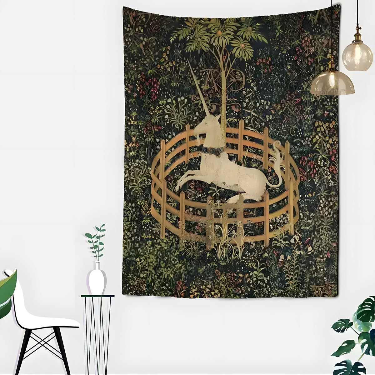 Unicorn in Captivity tapestry showing a white unicorn in a wooden fence amid foliage