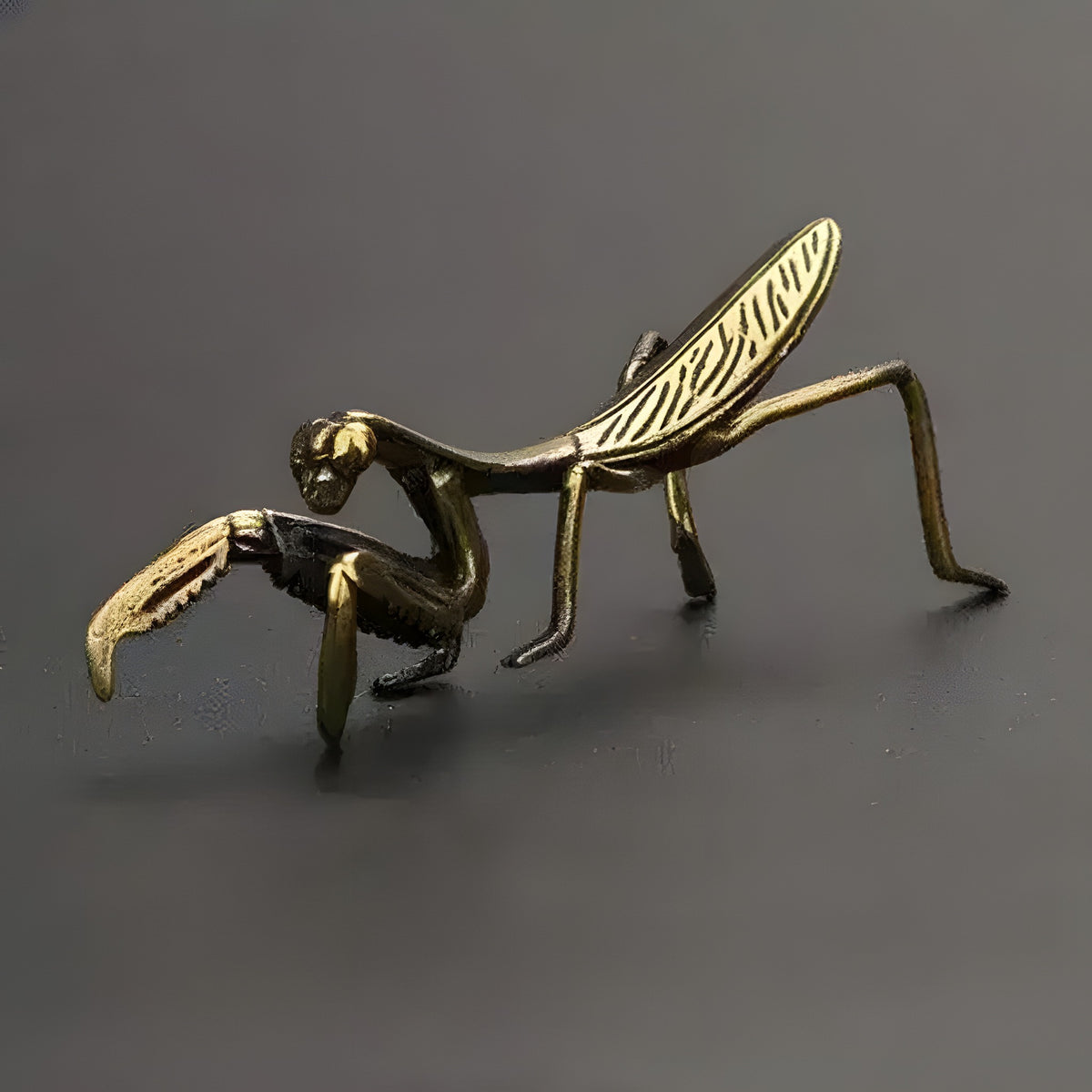 Detailed brass copper mantis figurine in profile with raised forelegs on a dark gray surface