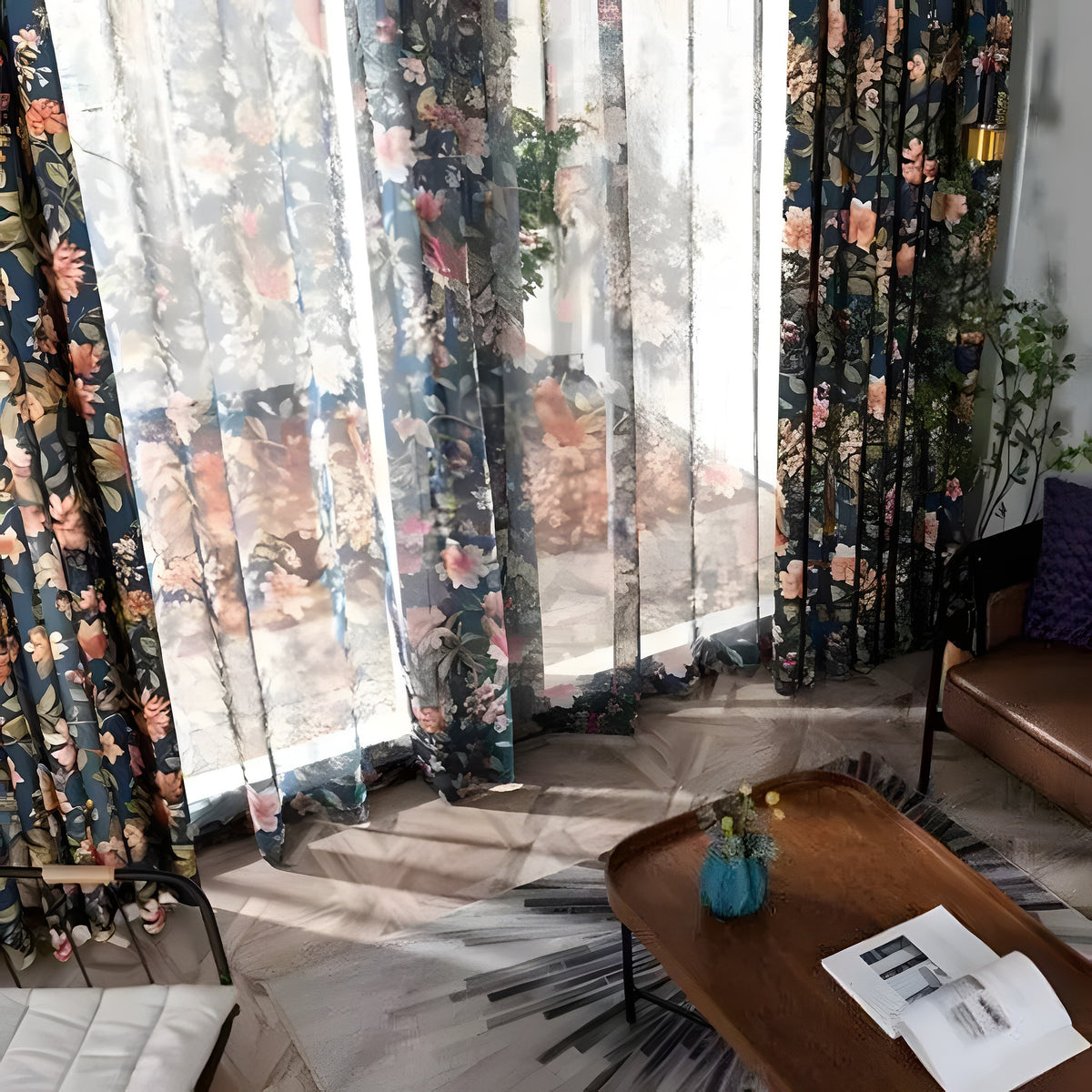 Floral sheer curtains over a sunny window in a living room with leather sofa