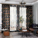 Nina navy floral curtains framing a sheer-paneled window in a living room