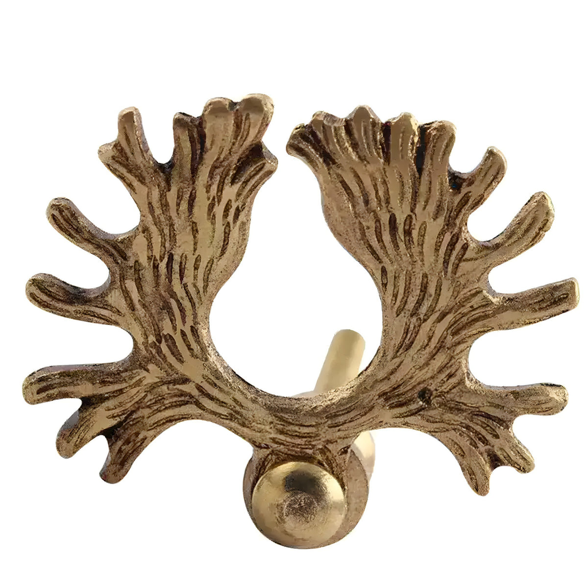 Single brass reindeer antler-shaped cabinet knob with textured branching tines and screw