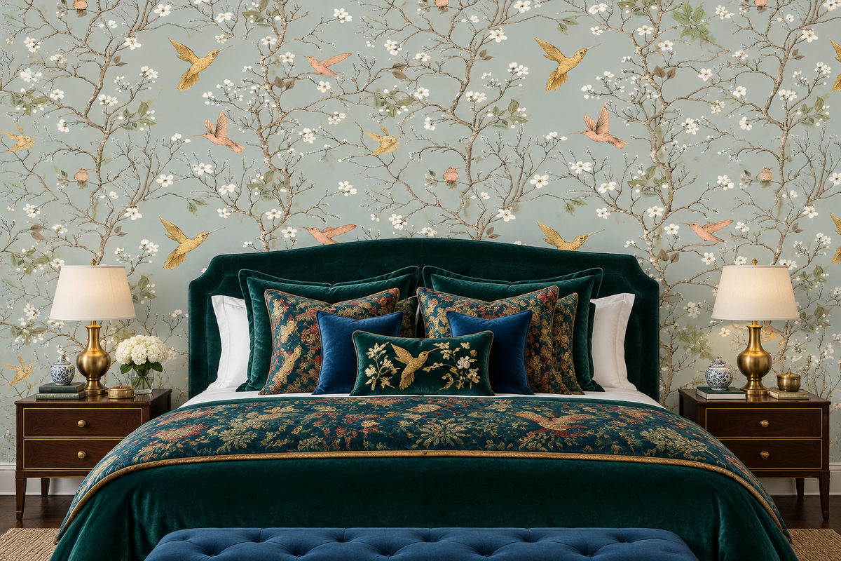 Birds and Tree Gray Traditional Chinoiserie Wallpaper Mural