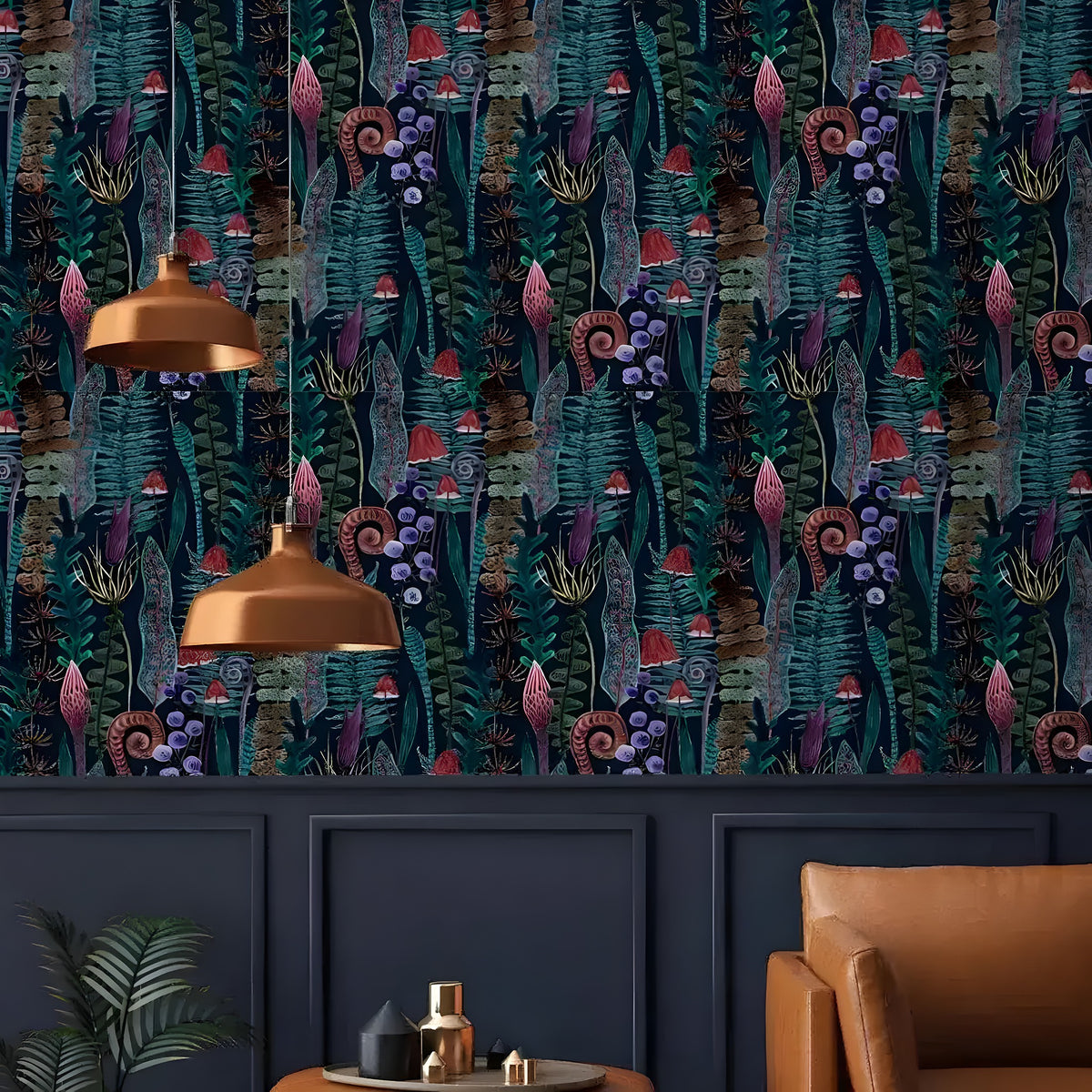 Dark mushroom botanical mural behind copper pendant lamps and navy wainscoting