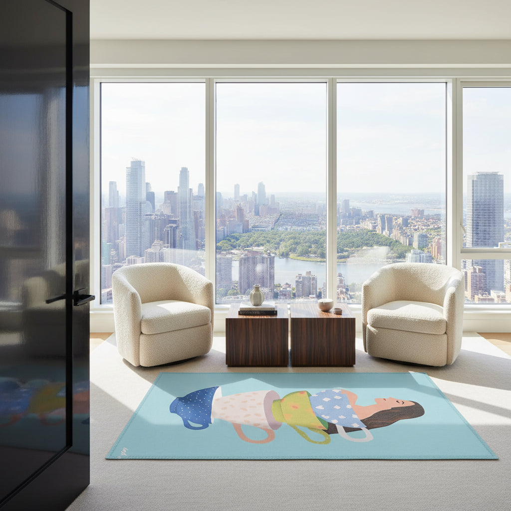 Tea towel with illustration of a woman surrounded by stacked colorful teacups on a light blue background
