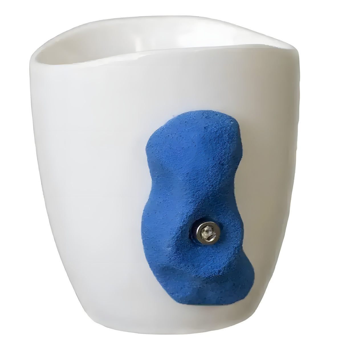 White ceramic mug with a textured blue rock-climbing hold bolted to the side