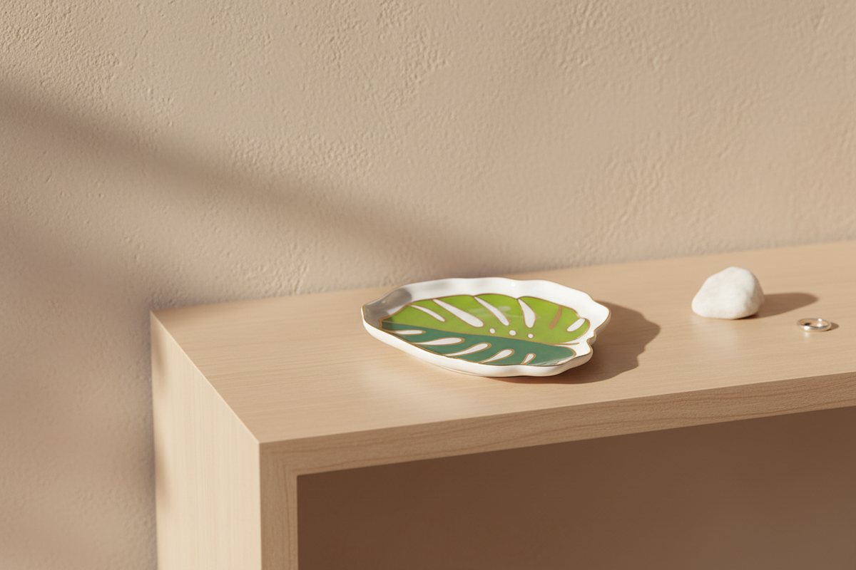 A ceramic tray with a green monstera leaf design on a light wood shelf against a textured beige wall.