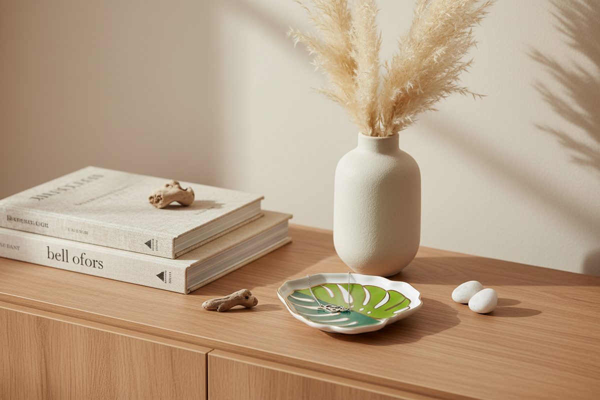 A styled interior scene showing a cream ceramic vase with dried pampas grass, a small leaf-patterned dish, two white stones, and stacked books on a light wood cabinet against a warm beige wall.