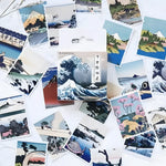 Japanese stamp sticker set with Great Wave pack box and scattered Mt. Fuji ukiyo-e stamps