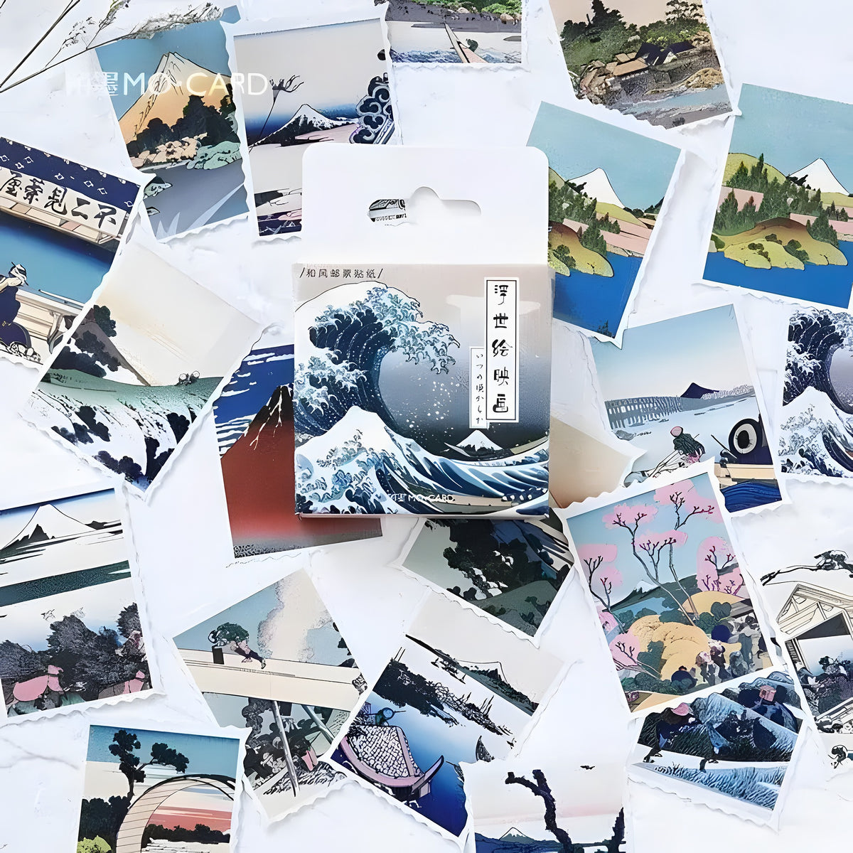 Japanese stamp sticker set with Great Wave pack box and scattered Mt. Fuji ukiyo-e stamps