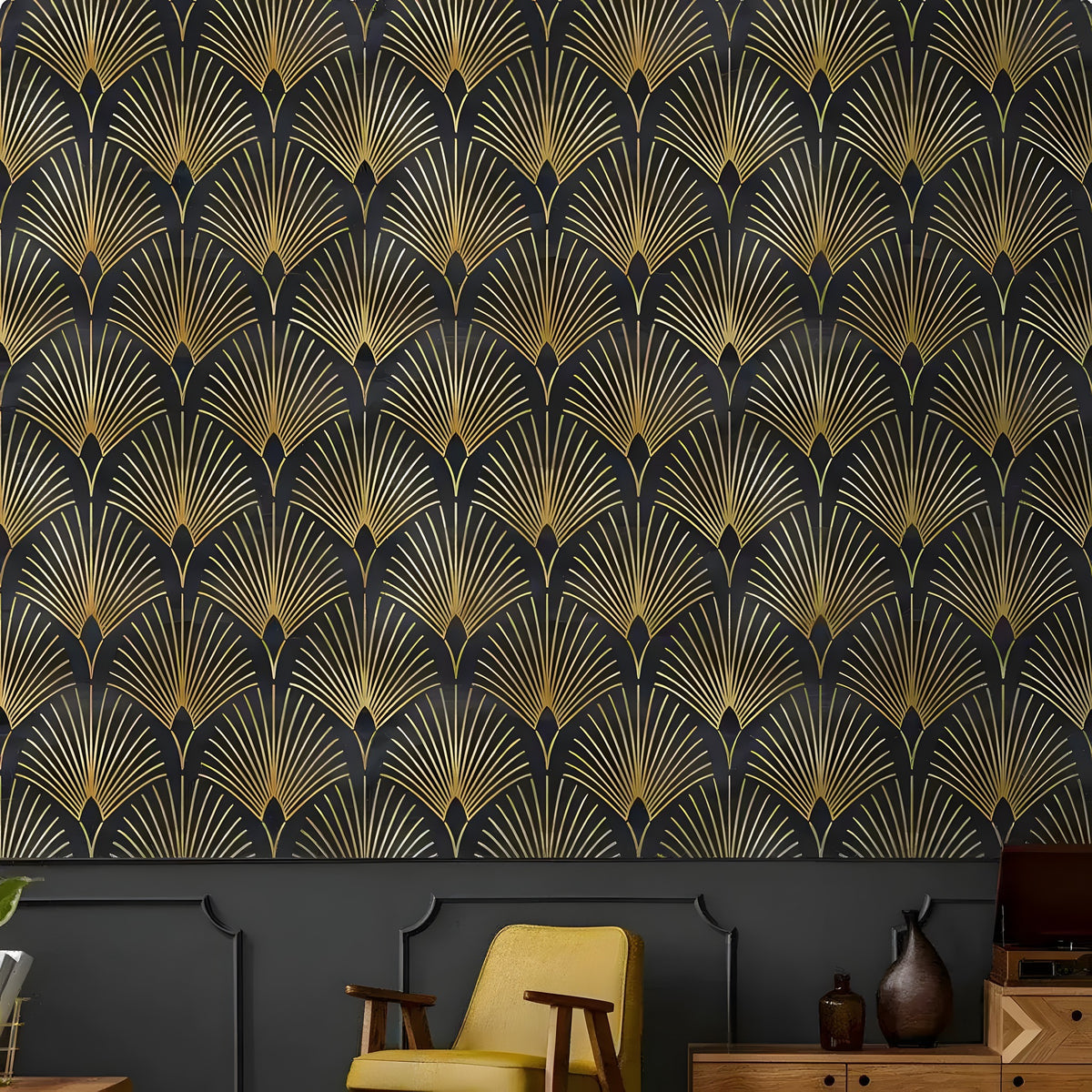 Black and gold art deco geo wallpaper with repeating gold fan palm pattern installed in a vintage-styled room