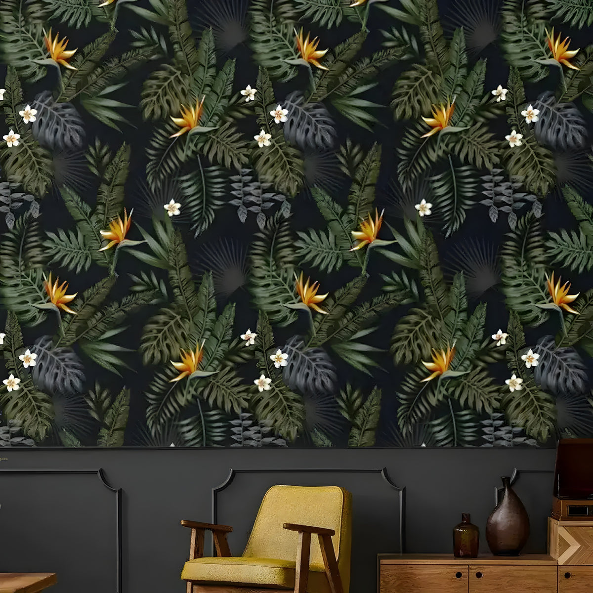 Dark navy tropical leaves and flowers wallpaper with orange bird-of-paradise blooms, yellow chair setting