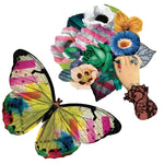Two shaped Frivolités jigsaw puzzles completed — colorful butterfly and floral bouquet held by a lace-sleeved hand