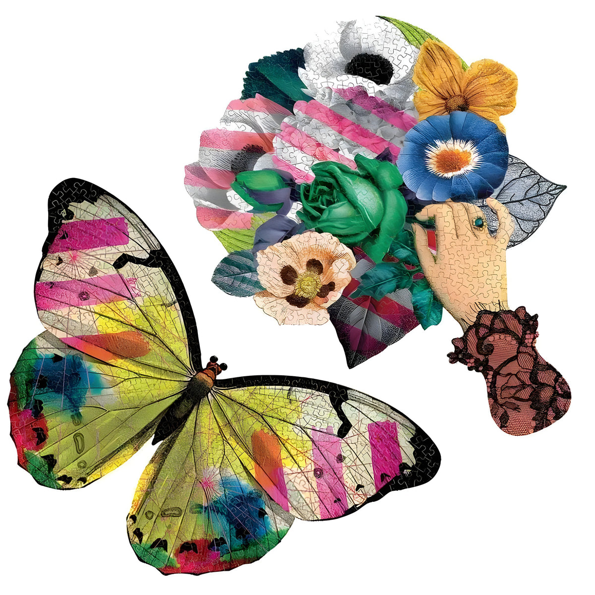 Two shaped Frivolités jigsaw puzzles completed — colorful butterfly and floral bouquet held by a lace-sleeved hand