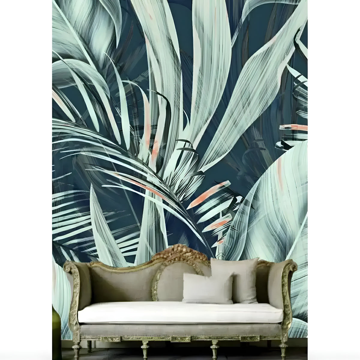 Large-scale teal botanical tropical leaf wallpaper mural with ornate gold-framed sofa beneath