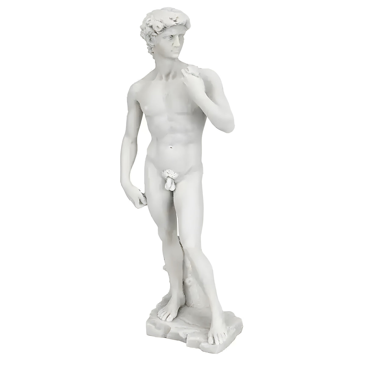 Full-body white resin replica of Michelangelo's David statue, standing pose on textured rocky base, white background
