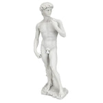 Full-body white resin replica of Michelangelo's David statue, standing pose on textured rocky base, white background