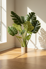 A potted artificial Monstera plant with realistic green leaves in a beige pot, placed on a light wood floor in a sunlit room corner.