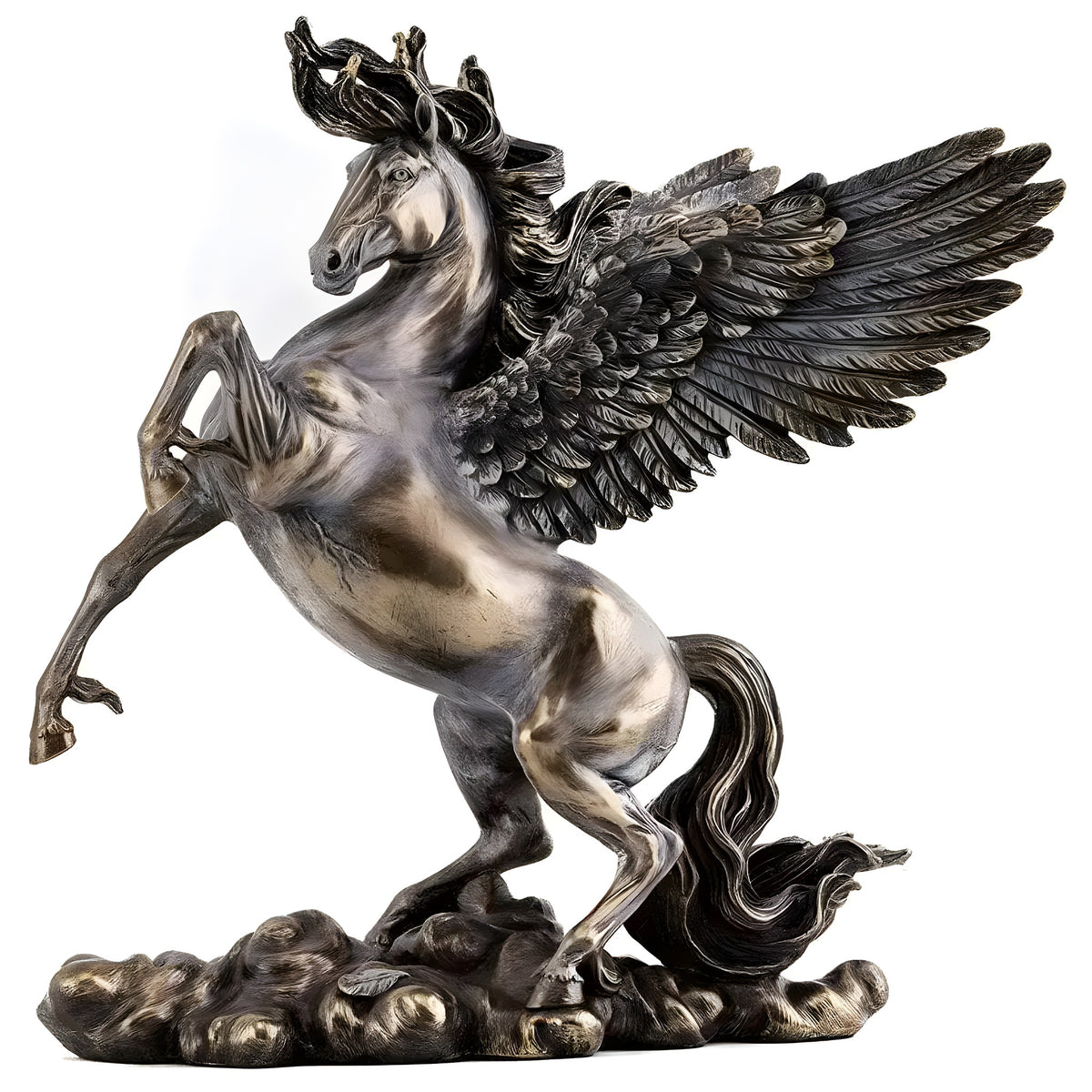 Dark bronze Pegasus flying horse statue rearing on hind legs with large outstretched wings on rocky base