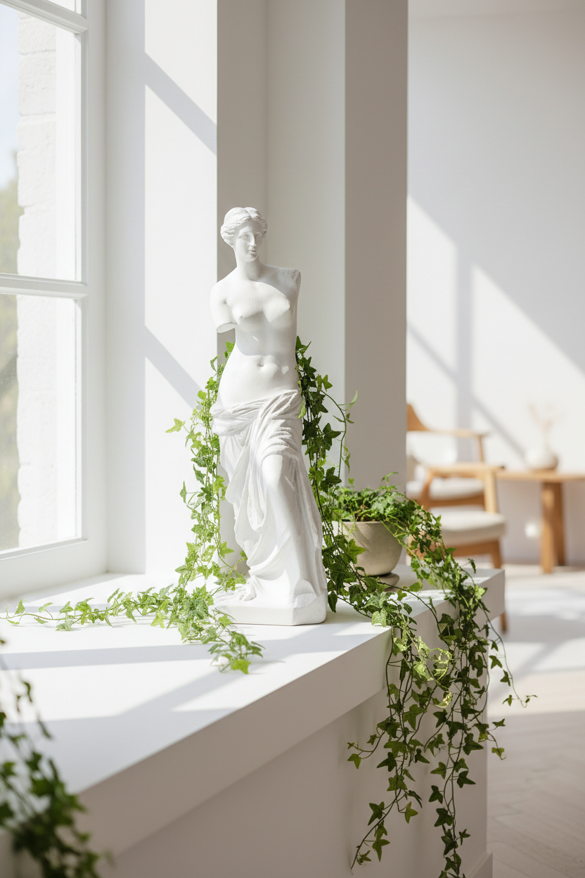 A white classical-style female statue stands on a sunlit windowsill, surrounded by trailing green ivy in a bright, modern interior with white walls and soft natural light.