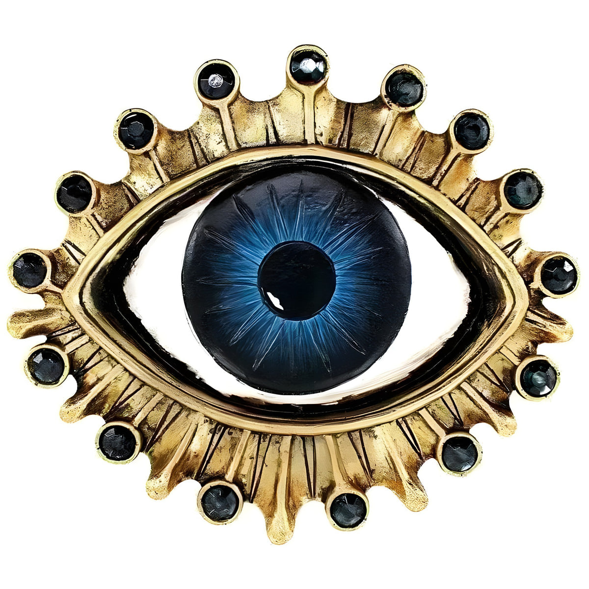 All seeing eye wall sculpture front view, antique gold oval frame with radiating lashes, black gem studs, blue iris