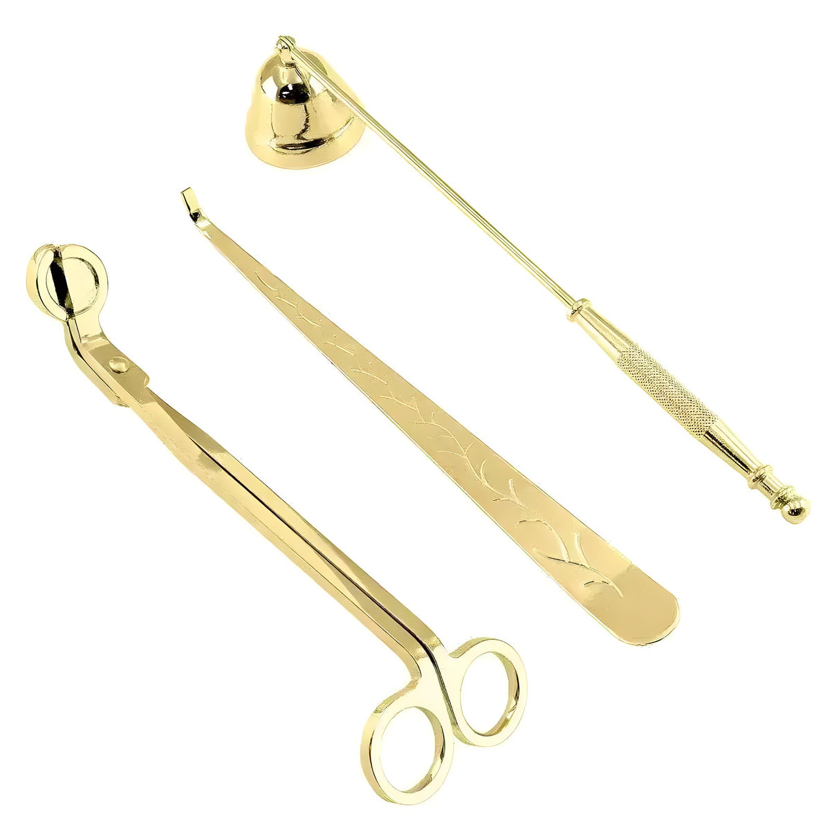 Three-piece gold candle wick trimmer set — scissors, bell snuffer, and dipper — on white background